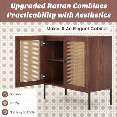Kitchen Sideboard with 2 Rattan Doors and Adjustable Shelf-Walnut