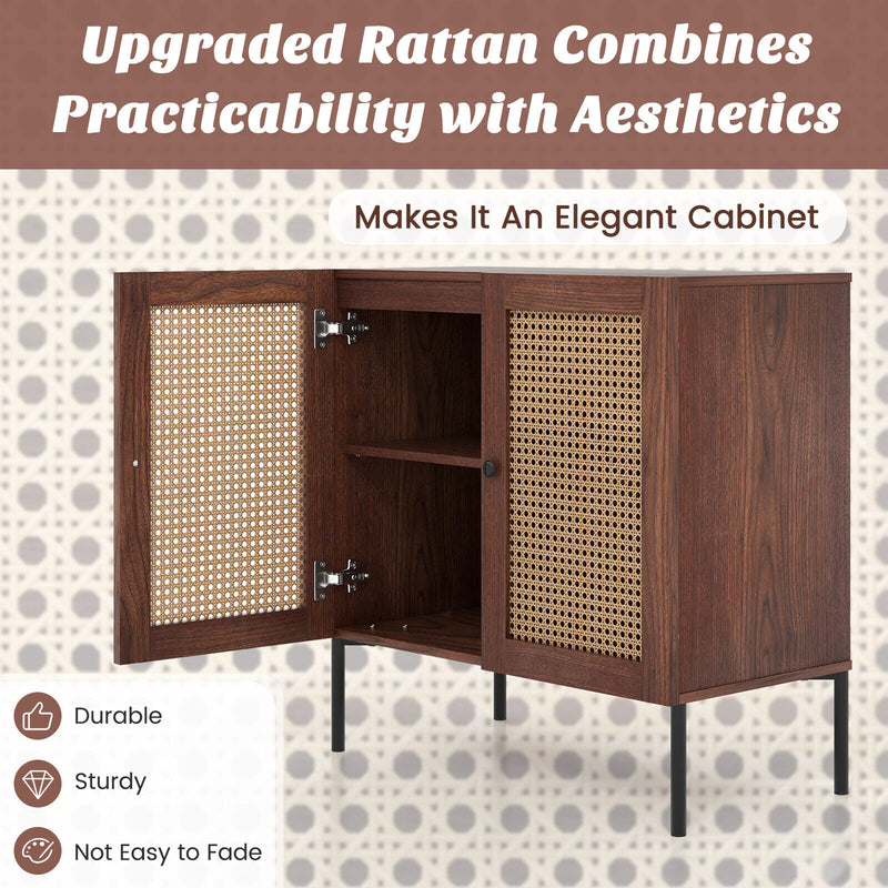 Kitchen Sideboard with 2 Rattan Doors and Adjustable Shelf-Walnut
