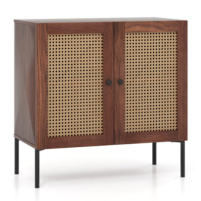 Kitchen Sideboard with 2 Rattan Doors and Adjustable Shelf-Walnut