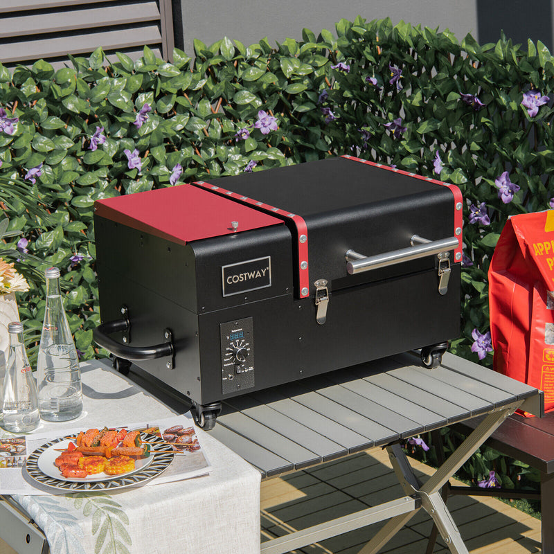 Movable Pellet Grill and Smoker with Temperature Probe-Black