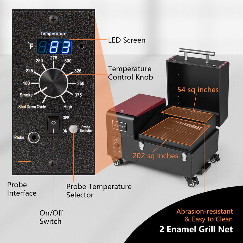 Movable Pellet Grill and Smoker with Temperature Probe-Black