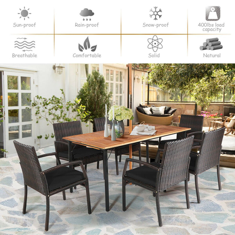 7 Pieces Patio Rattan Cushioned Dining Set with Umbrella Hole-Black