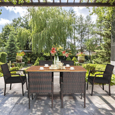 7 Pieces Patio Rattan Cushioned Dining Set with Umbrella Hole-Black