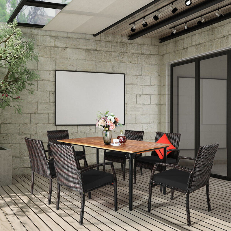 7 Pieces Patio Rattan Cushioned Dining Set with Umbrella Hole-Black