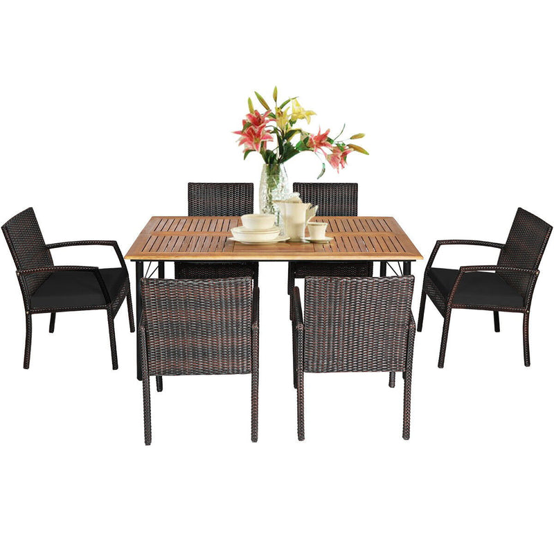 7 Pieces Patio Rattan Cushioned Dining Set with Umbrella Hole-Black