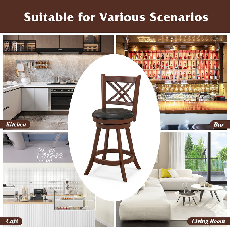 360° Swivel Upholstered Barstools Set of 2 with Back and Footrest-24 inches