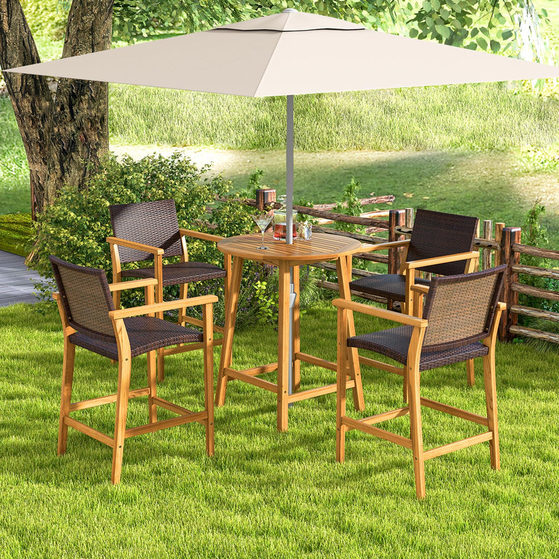 Bar Height Table with Umbrella Hole and Slatted Tabletop for Outdoors