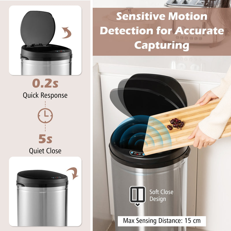 8 Gal Automatic Trash Can with Stainless Steel Frame Touchless Waste Bin-Silver