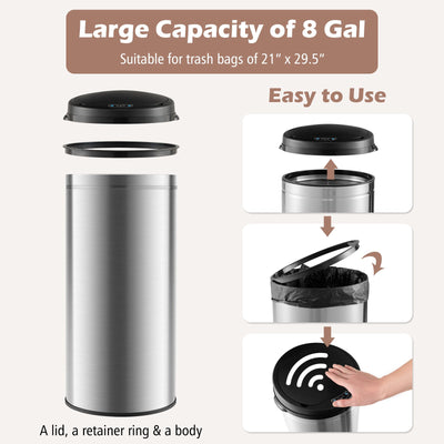 8 Gal Automatic Trash Can with Stainless Steel Frame Touchless Waste Bin-Silver