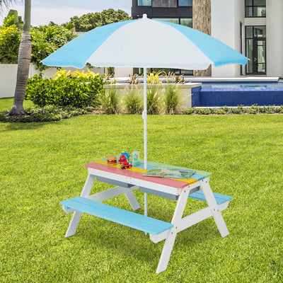 3-in-1 Kids Outdoor Picnic Water Sand Table with Umbrella Play Boxes-Blue
