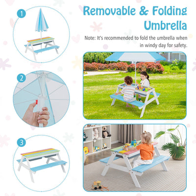 3-in-1 Kids Outdoor Picnic Water Sand Table with Umbrella Play Boxes-Blue