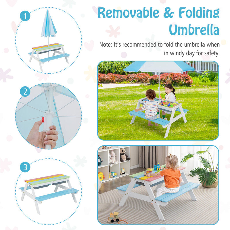 3-in-1 Kids Outdoor Picnic Water Sand Table with Umbrella Play Boxes-Blue