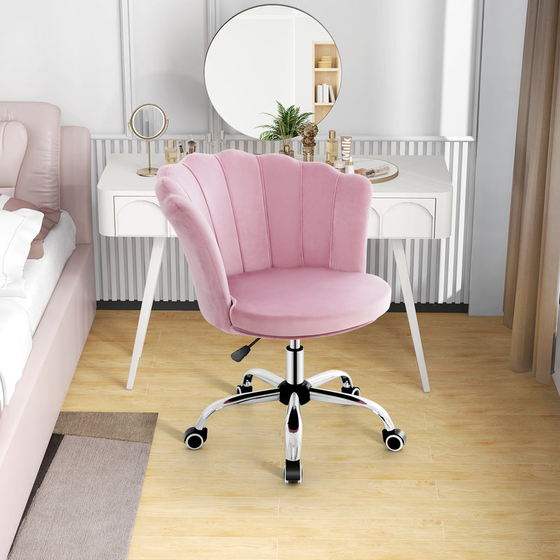 Velvet Petal Shell Office Chair with Wheels and Seashell Back-Pink