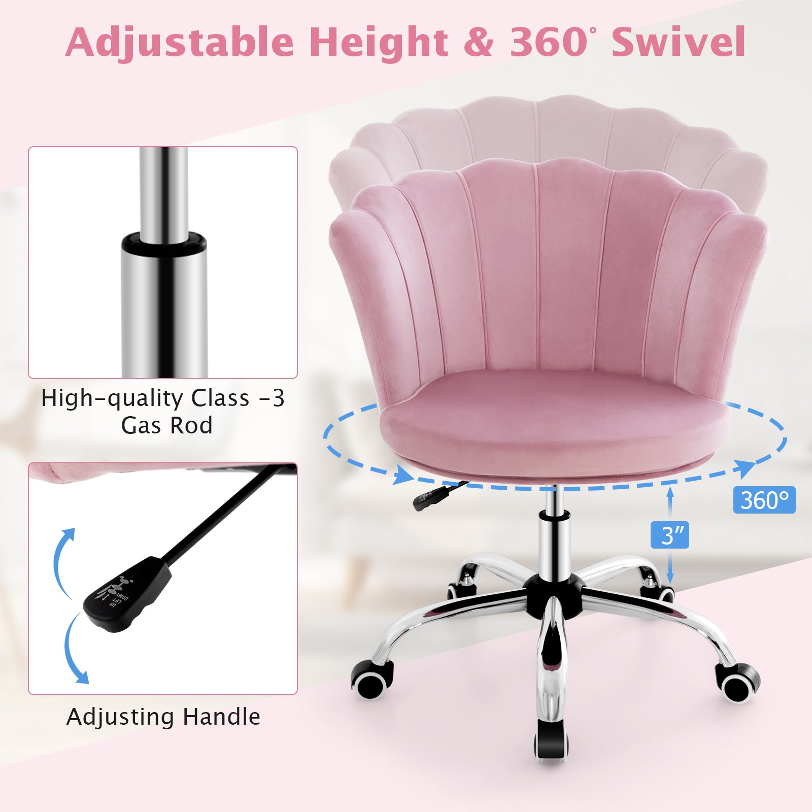 Velvet Petal Shell Office Chair with Wheels and Seashell Back-Pink