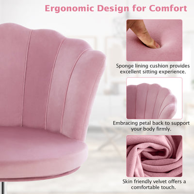Velvet Petal Shell Office Chair with Wheels and Seashell Back-Pink