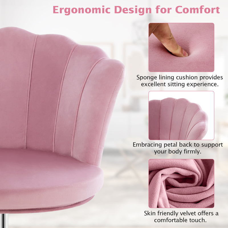 Velvet Petal Shell Office Chair with Wheels and Seashell Back-Pink