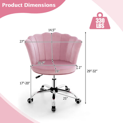 Velvet Petal Shell Office Chair with Wheels and Seashell Back-Pink
