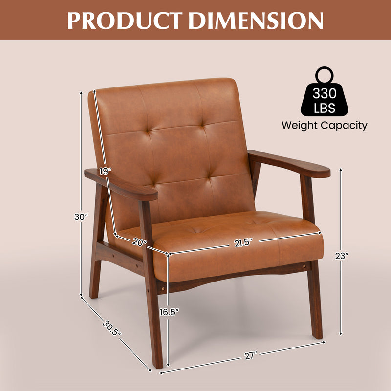 Mid Century Modern Accent Chair with Solid Rubber Wood Frame-Brown