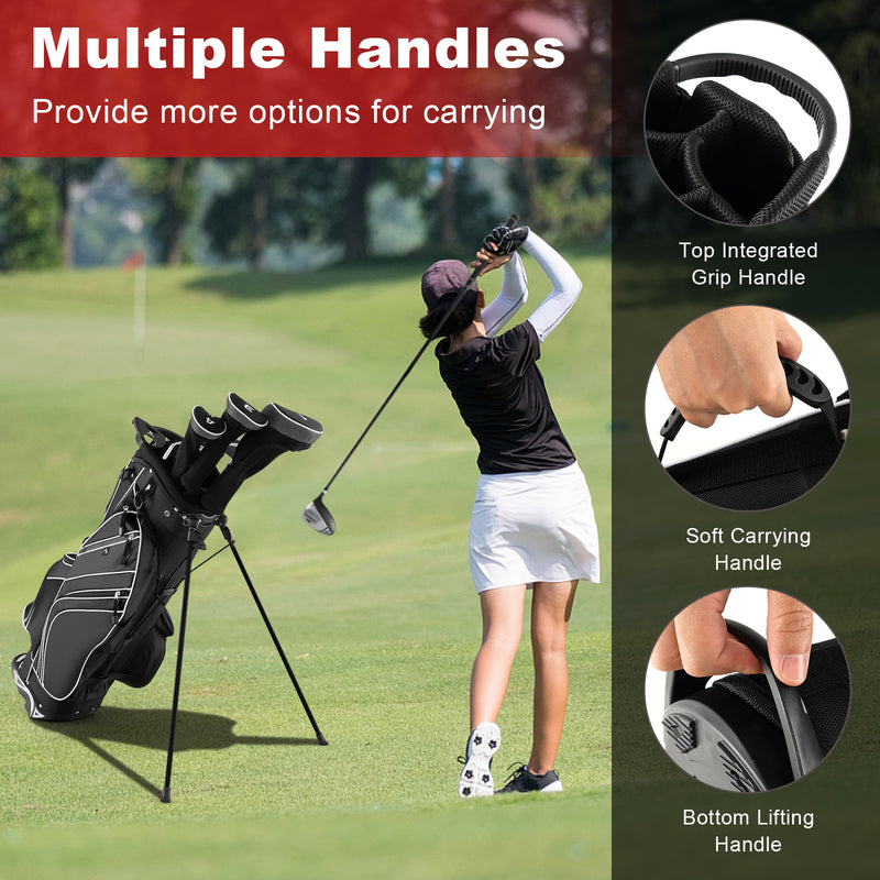 Golf Stand Cart Bag with 6-Way Divider Carry Pockets-Black