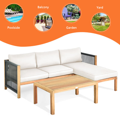 3 Pieces Patio Acacia Wood Sofa Furniture Set with Nylon Rope Armrest-White