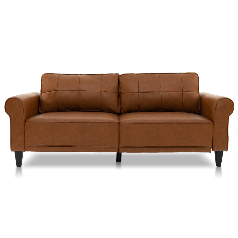 PU Leather Modern 3-Seater Sofa Couch with 2 Detachable Back Pillows-Brown