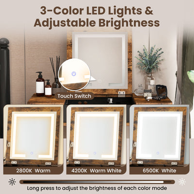 Vanity Table Set with Flip Top Mirror Lights USB Writing Desk and Stool-Brown