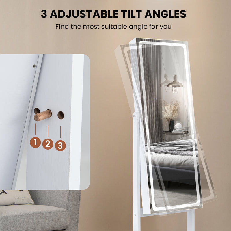 Lockable Jewelry Armoire Standing Cabinet with Lighted Full-Length Mirror-White