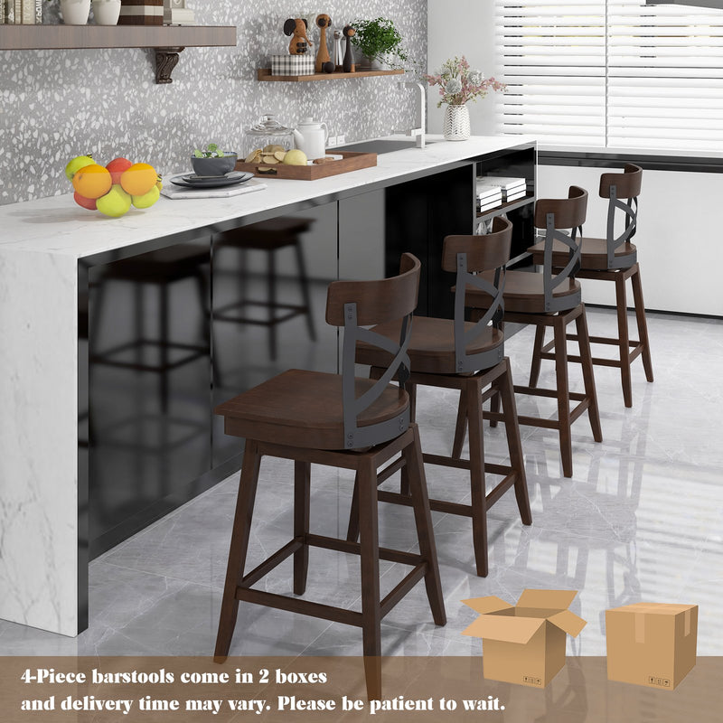 Set of 2 Wooden Swivel Bar Stools with Open X Back and Footrest-24 inches