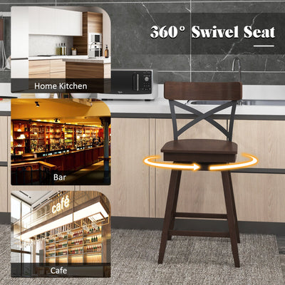 Set of 2 Wooden Swivel Bar Stools with Open X Back and Footrest-24 inches