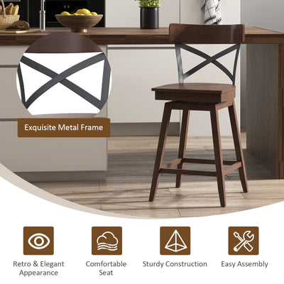 Set of 2 Wooden Swivel Bar Stools with Open X Back and Footrest-24 inches