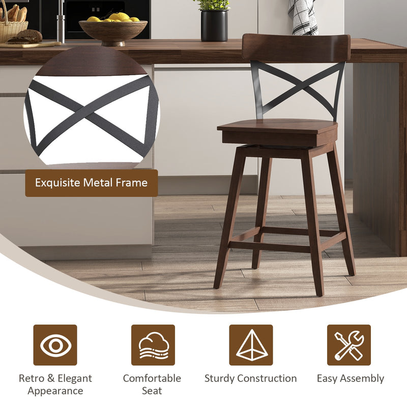 Set of 2 Wooden Swivel Bar Stools with Open X Back and Footrest-24 inches
