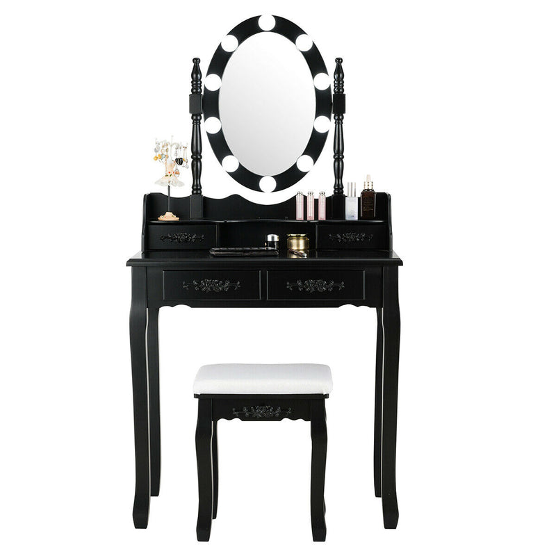 Makeup Dressing Table with Touch Switch Lighted Mirror and Cushioned Stool-Black