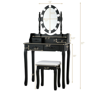 Makeup Dressing Table with Touch Switch Lighted Mirror and Cushioned Stool-Black
