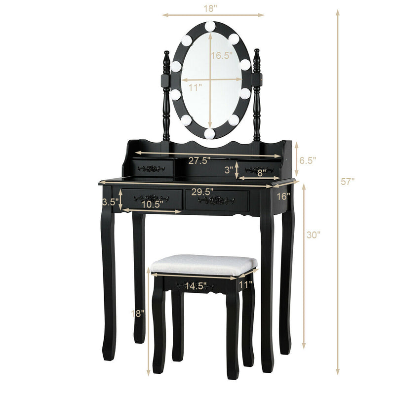 Makeup Dressing Table with Touch Switch Lighted Mirror and Cushioned Stool-Black