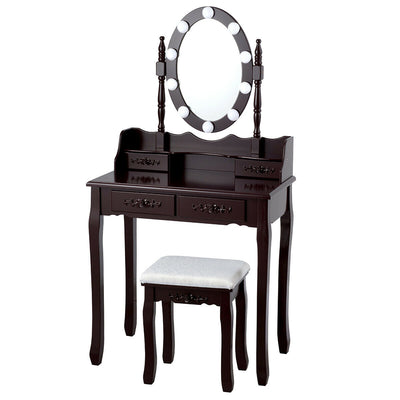 Makeup Dressing Table with Touch Switch Lighted Mirror and Cushioned Stool-Brown
