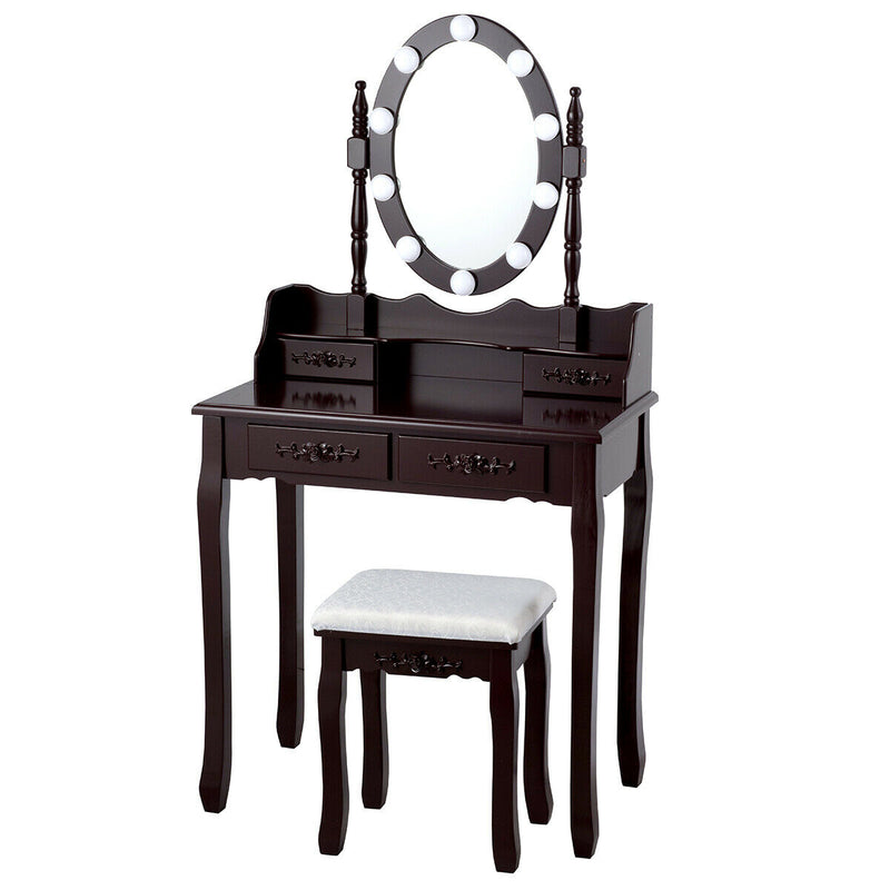 Makeup Dressing Table with Touch Switch Lighted Mirror and Cushioned Stool-Brown