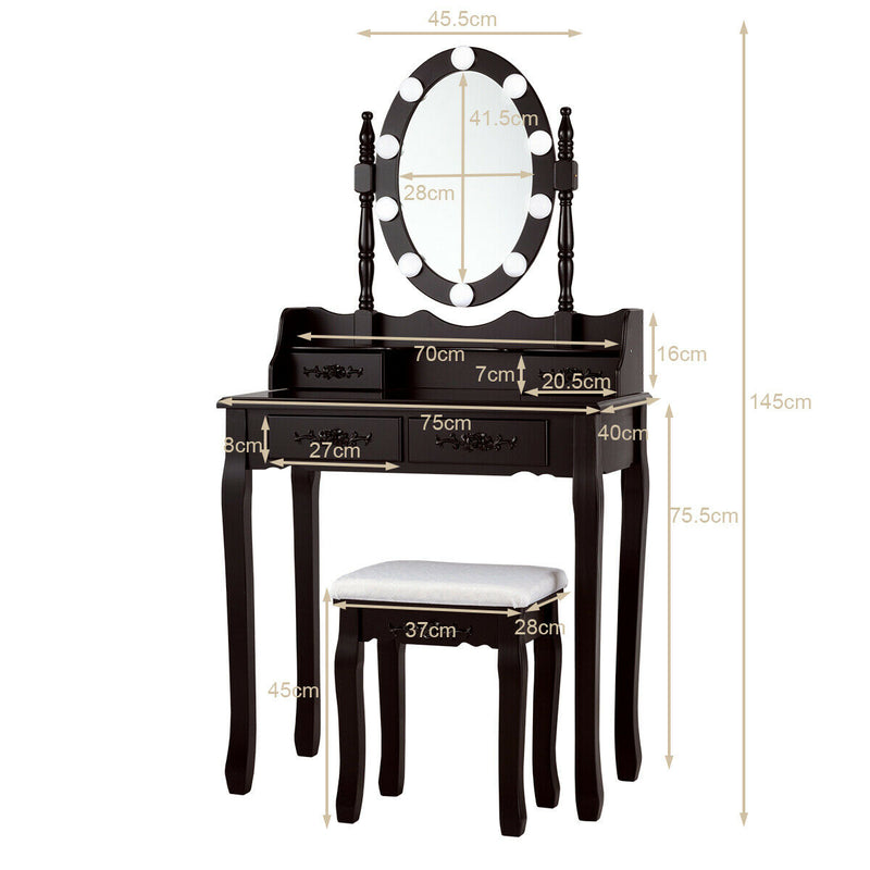 Makeup Dressing Table with Touch Switch Lighted Mirror and Cushioned Stool-Brown