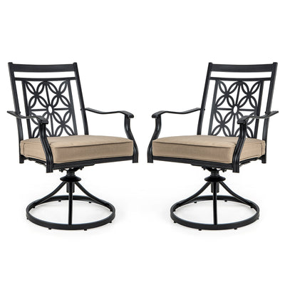 2 Pieces Patio Swivel Dining Chairs with Blossom Pattern Backrest and Cushions-Black
