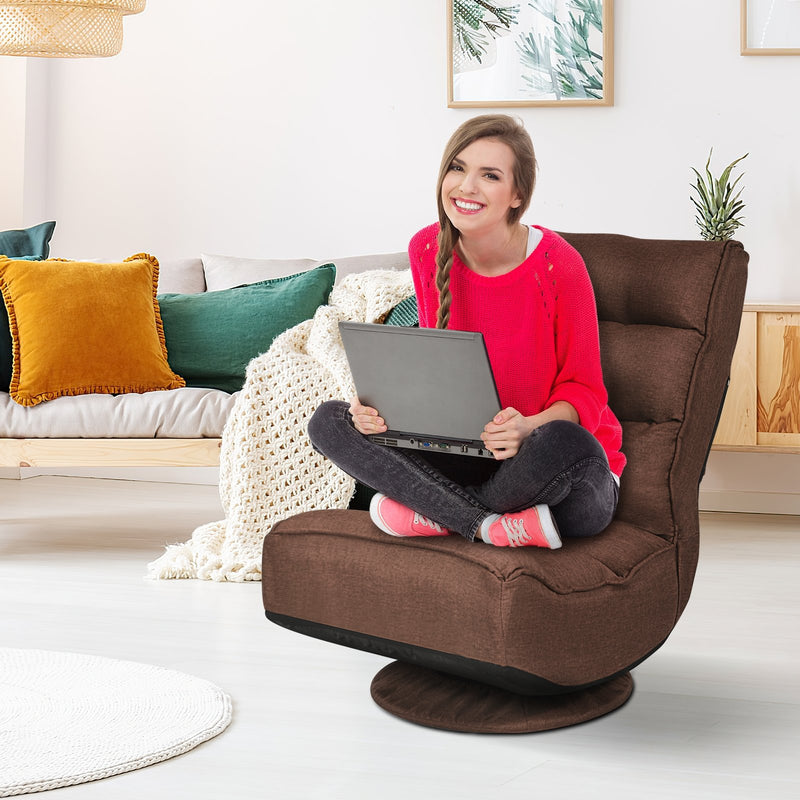 *360-Degree Swivel Folding Floor Gaming Chair with Adjustable Backrest - Rustic Brown