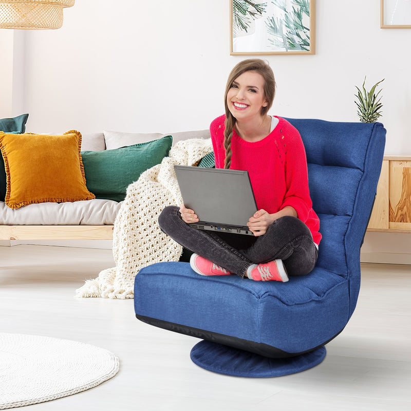 *360-Degree Swivel Folding Floor Gaming Chair with Adjustable Backrest - Navy