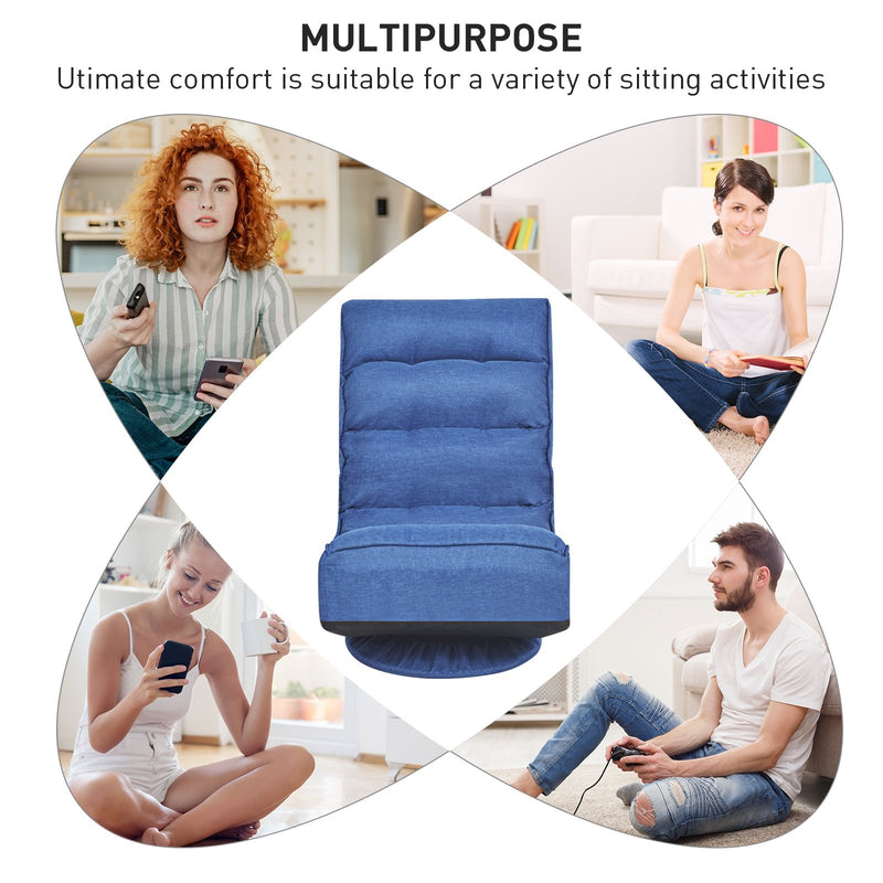 *360-Degree Swivel Folding Floor Gaming Chair with Adjustable Backrest - Navy