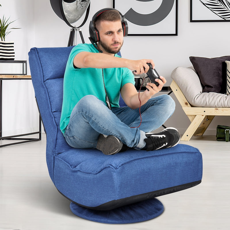 *360-Degree Swivel Folding Floor Gaming Chair with Adjustable Backrest - Navy