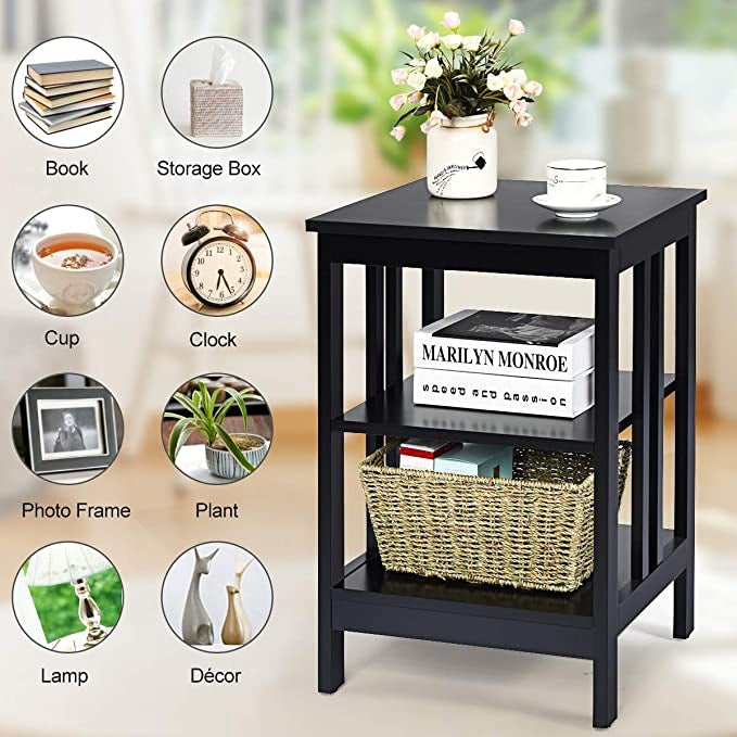Set of 2 Multifunctional 3-Tier Nightstand Sofa Side Table with Reinforced Bars and Stable Structure-Black
