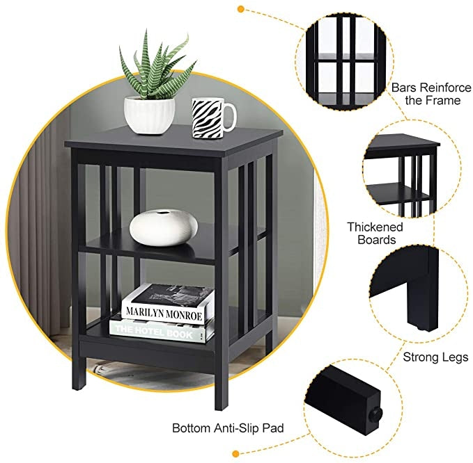 Set of 2 Multifunctional 3-Tier Nightstand Sofa Side Table with Reinforced Bars and Stable Structure-Black