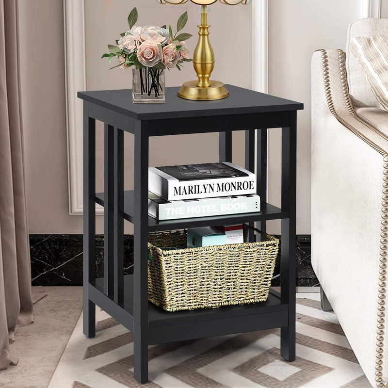 Set of 2 Multifunctional 3-Tier Nightstand Sofa Side Table with Reinforced Bars and Stable Structure-Black