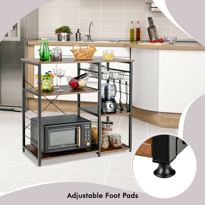 Industrial Kitchen Baker's Rack Microwave Shelf with 6 Hooks-Walnut