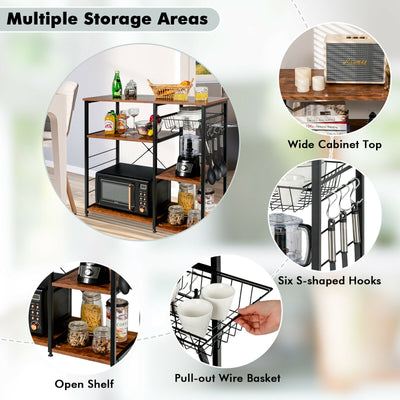 Industrial Kitchen Baker's Rack Microwave Shelf with 6 Hooks-Brown