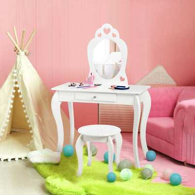 Kids Princess Makeup Dressing Play Table Set with Mirror -White