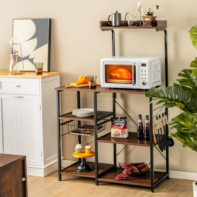 4-tier Kitchen Baker's Rack with Basket and 5 Hooks-Dark Brown