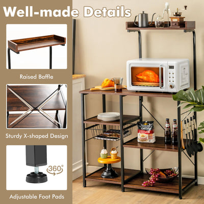 4-tier Kitchen Baker's Rack with Basket and 5 Hooks-Dark Brown